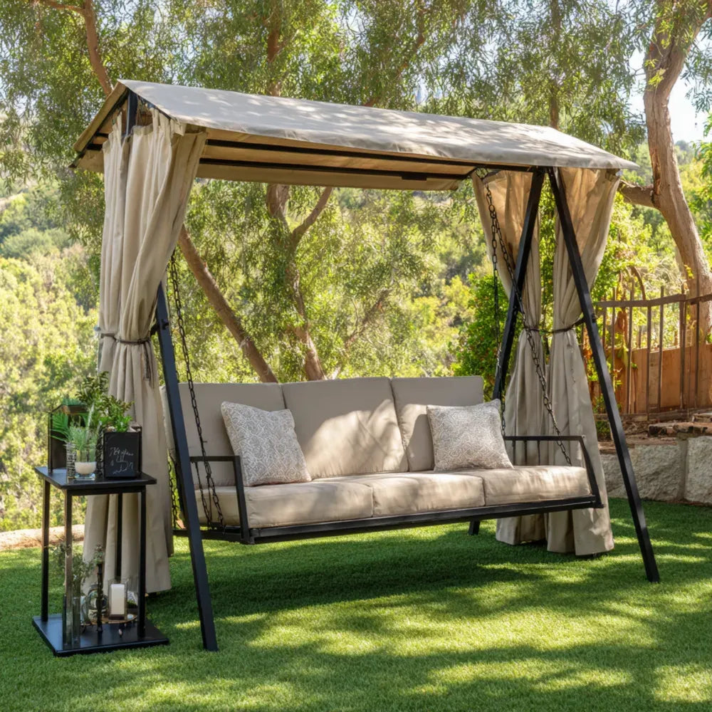 Outdoor Swing Chair 180x120x200 cm - Metal Frame Beige Canopy for Garden Relaxation