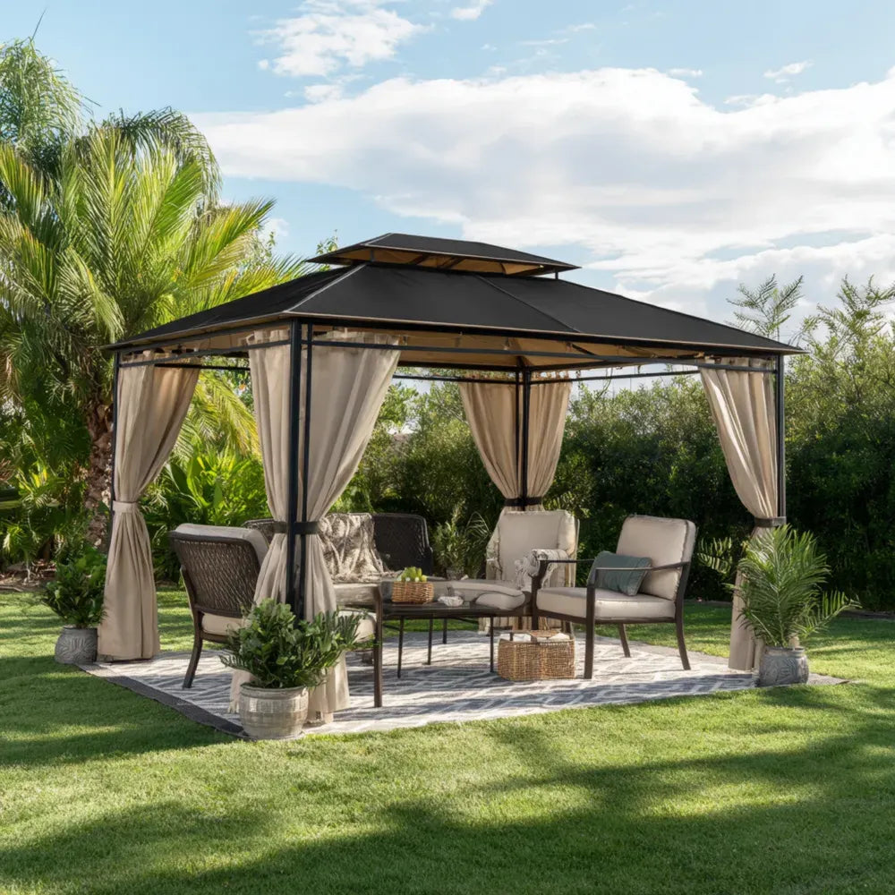 Gazebo Steel Frame with Curtain Panels 4m x 3m x 2.7m - Black/Beige - Outdoor Shelter