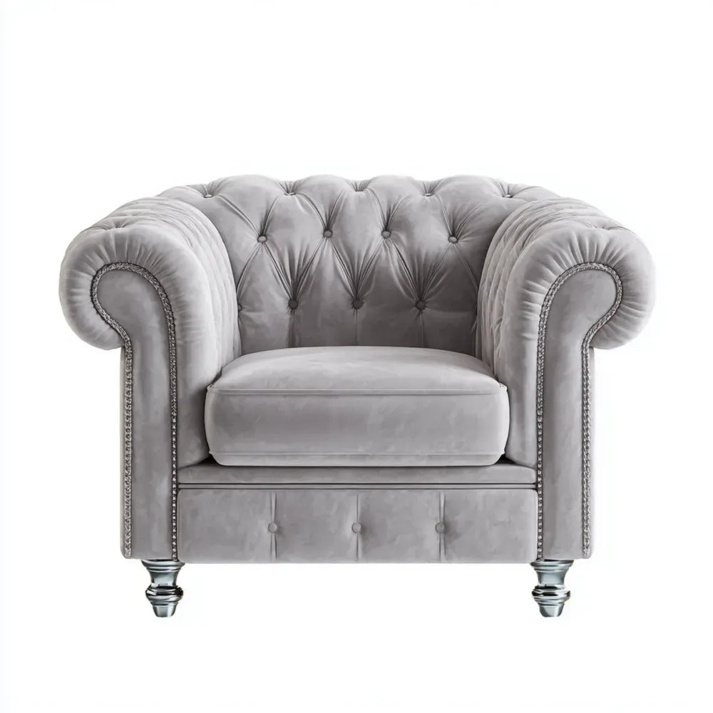 Velvet Upholstered Armchair 100x85x75 cm - Light Grey - Chesterfield Design