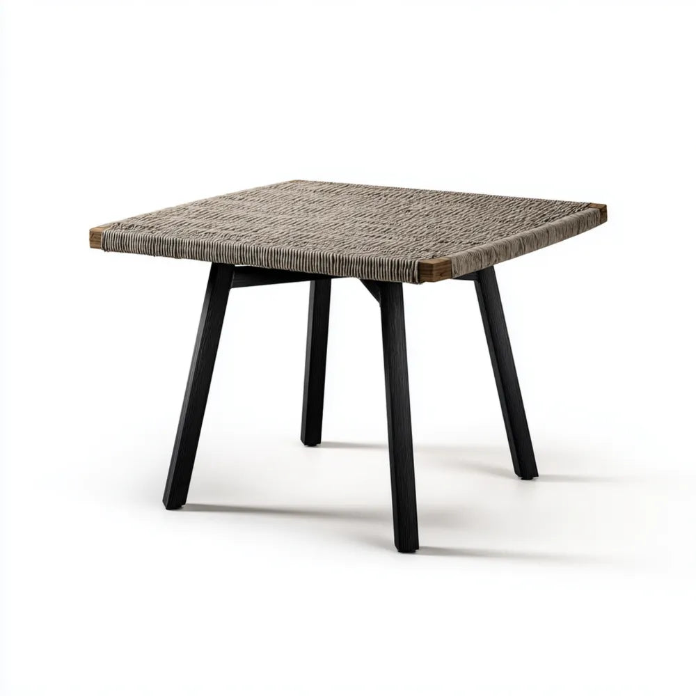 Square Patio Dining Table 90x90x75 cm - Wicker Top - Black/Beige - Contemporary Design