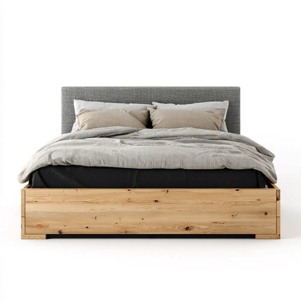 Double Bed Wood Frame with Upholstered Headboard 200x140x100 cm - Grey/Natural Finish - Modern Design