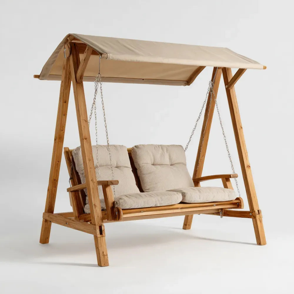 Garden Swing Chair - Wooden Frame with Beige Cushions 150x120x170 cm - Outdoor Relaxation